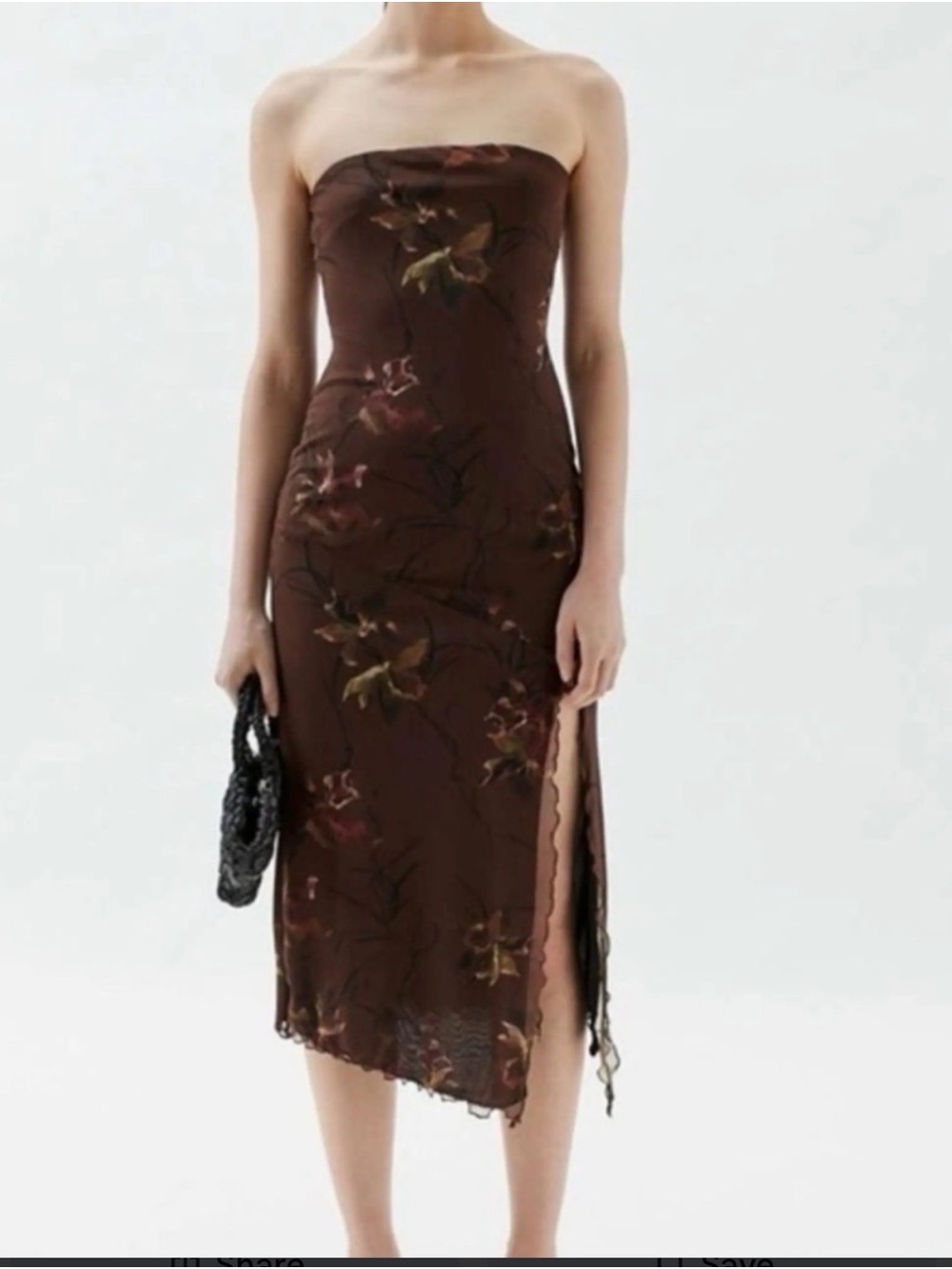 Urban Outfitters Samara Strapless Brown Floral Midi Dress w Side Slit